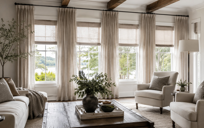 Layered Roman shades and floor-length drapery in a bright, professionally designed living room