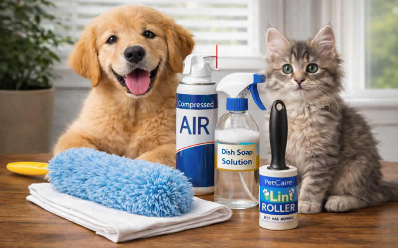 A kitten and a puppy behind cleaning products like dish soap, duster, cloth, fur roller.