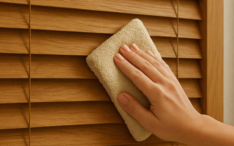 A hand with a micro-fiber cloth clweaning wood blinds
