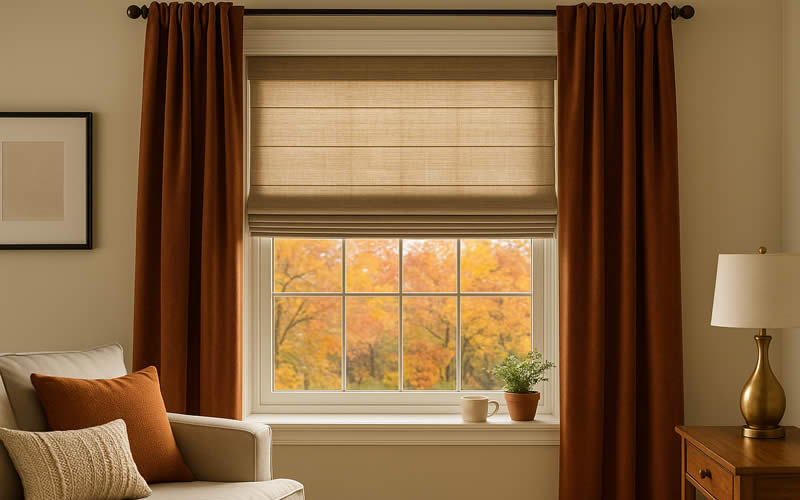 Window with Roman Shades and curtains looking out onto fall folliage
