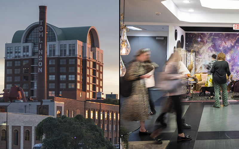 High Point Market in North Carolina, featuring the Tomlinson building and attendees browsing a furniture showroom