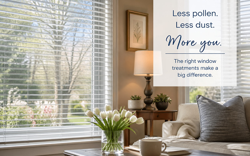 Bright living room with faux wood blinds on large windows, showing clean, dust-free surfaces and natural light—ideal window treatments for reducing pollen in North Carolina homes