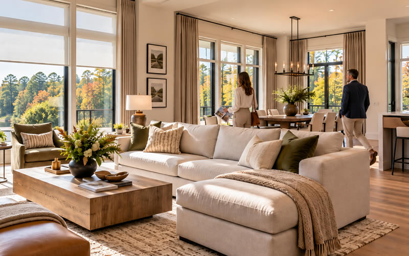 Luxury North Carolina simulated Parade of Homes interior with large windows, motorized shades, custom drapery and visitors touring