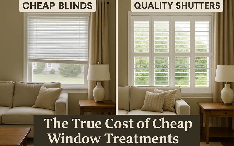 Comparison between cheap shades and quality shutters showing that cheap shades do not look as good - side by side window comaprison.