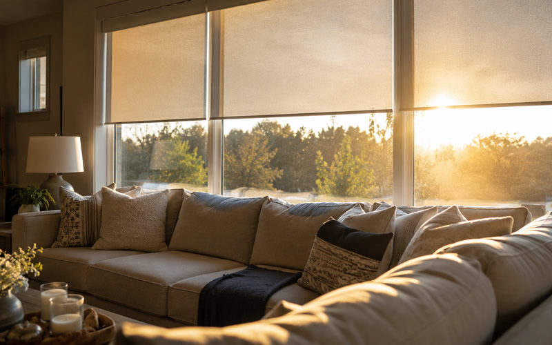 Custom solar shades reducing glare and afternoon heat from west-facing windows in a North Carolina living room