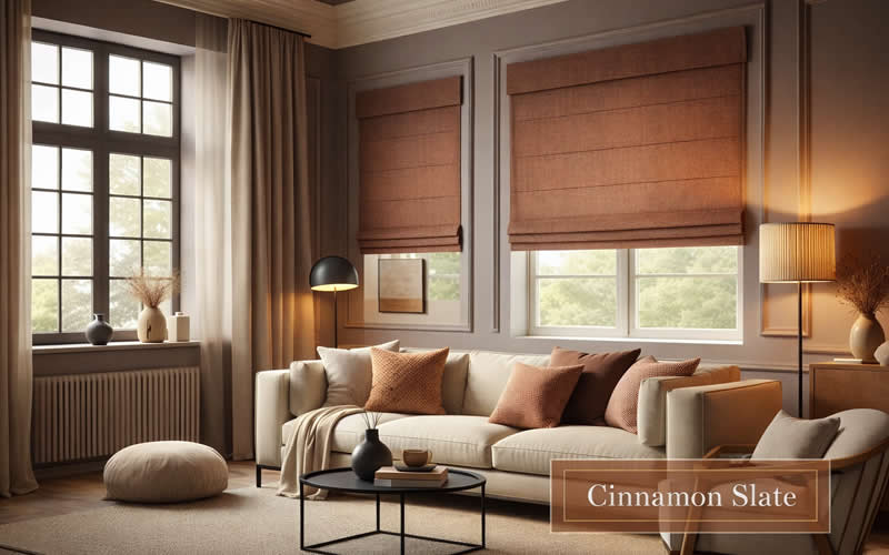 Living room featuring cinnamon slate colored window treatments as an accent