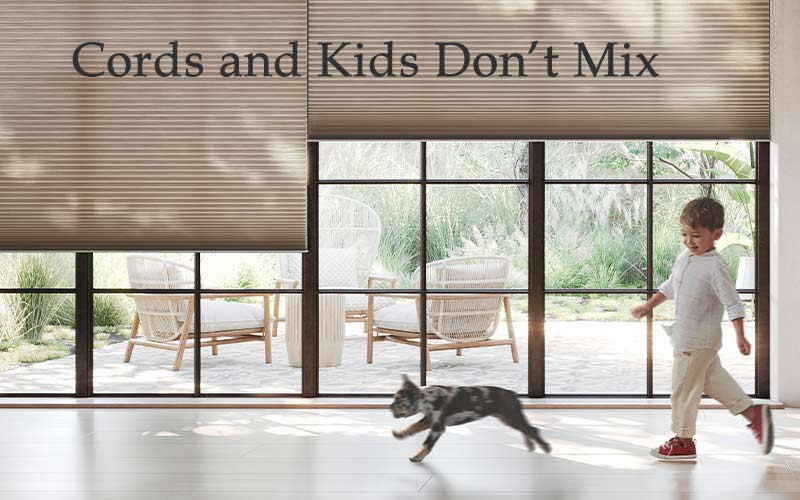 Child running in front of safe custom window treatments without cords with his small pet