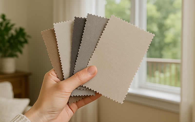 Hand holding up fabric samples for window treatments