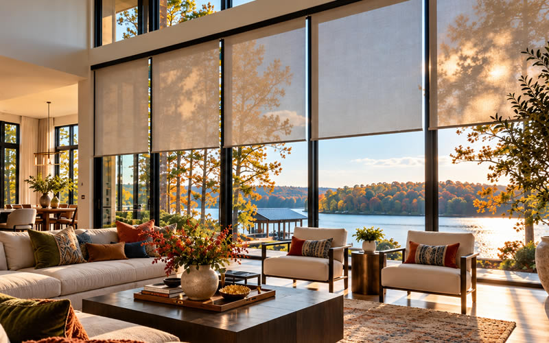 Luxury North Carolina living room with motorized roller shades, floor-to-ceiling windows and colorful designer furnishings