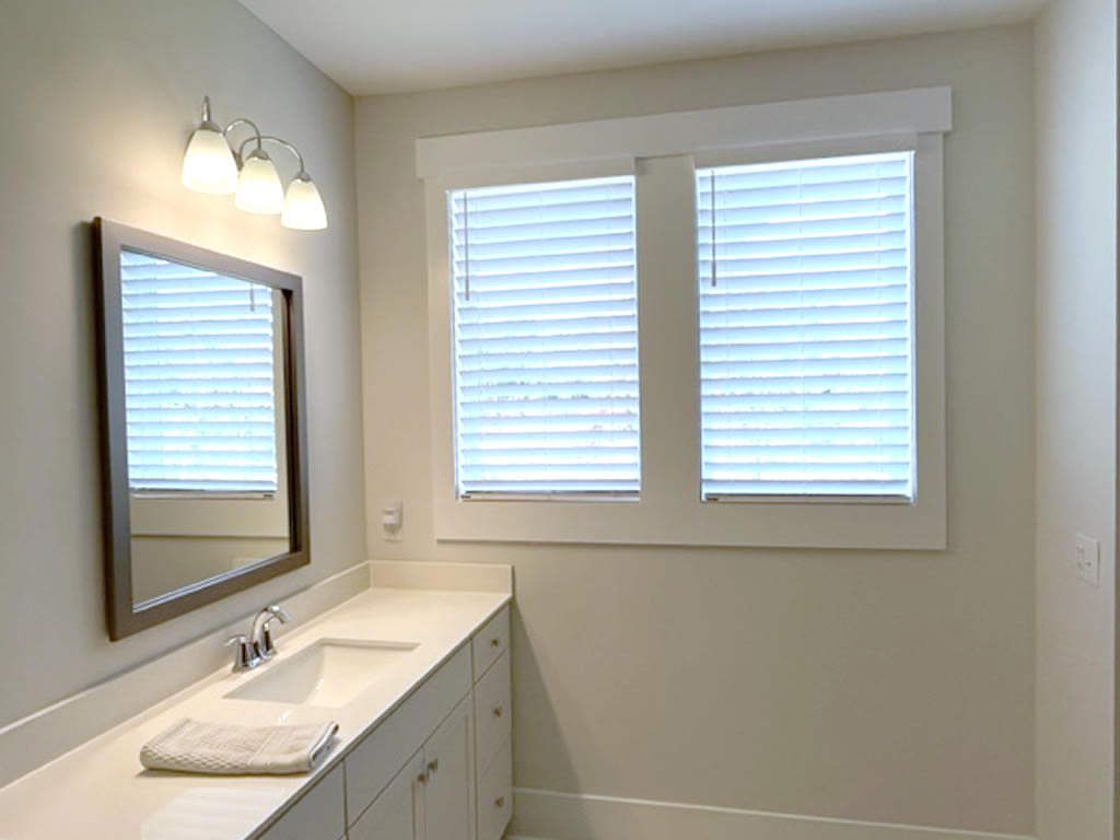 Faux Wood blinds installed in a bathroom