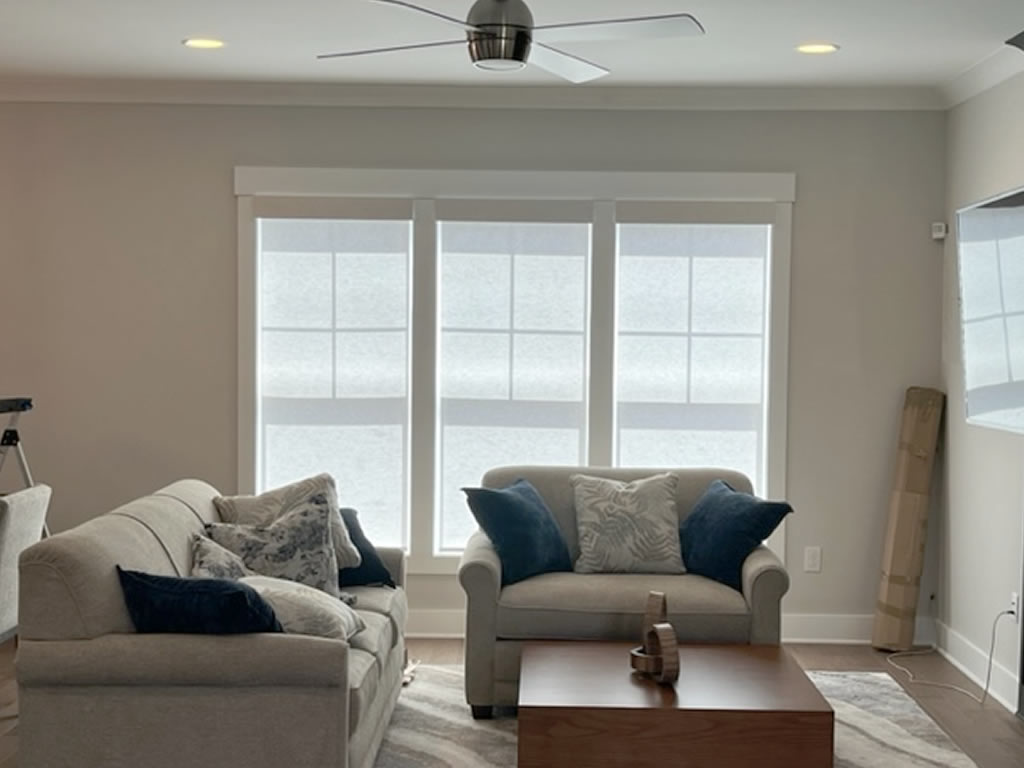 Roller shades installed on windows behind a living room couch