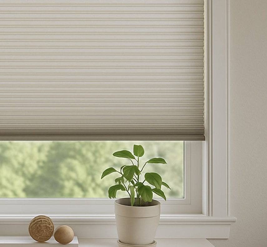 Close-up of a beige cellular (honeycomb) window shade partially lowered over a bright window, with a small potted plant on the sill and soft greenery visible outside.